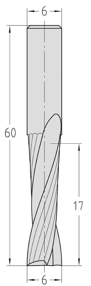 Technische Maßzeichnung des zylindrischen JSO VHW Spiralnutfräsers (Ø 6 mm, Nutzlänge 17 mm, Gesamtlänge 60 mm) mit exakter Darstellung der zweischneidigen Rechtsdrall-Geometrie.