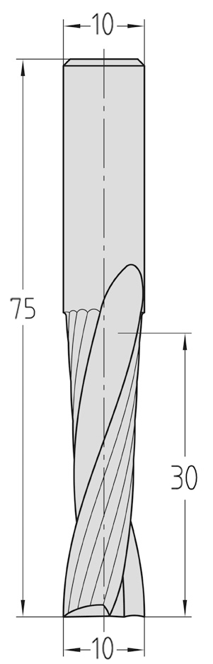 Technische Maßzeichnung des zylindrischen JSO VHW Spiralnutfräsers (Ø 10 mm, Nutzlänge 30 mm, Gesamtlänge 75 mm) mit präziser Darstellung der zweischneidigen Rechtsdrall-Geometrie.