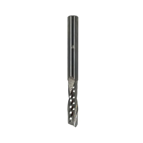 JSO CNC-Schlichtfräser aus massivem Vollhartmetall (VHW) mit zylindrischem 12 mm Schaft, langer 42 mm Nutzlänge und rechtsgedrallten, hochglanzpolierten Spannuten (Z=2) für optimalen Spanauswurf im Holzfräsershop.