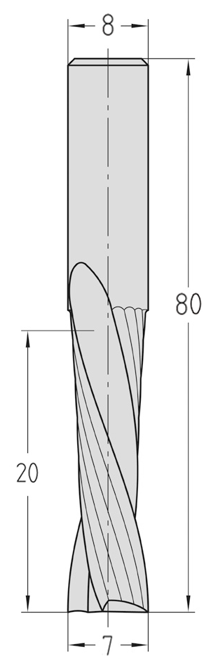 Technische Maßzeichnung des zylindrisch abgesetzten JSO VHW Spiralnutfräsers (Ø 7 mm, Nutzlänge 20 mm, Schaft 8 mm, Gesamtlänge 80 mm) mit exakter Darstellung der zweischneidigen Linksdrall-Geometrie.