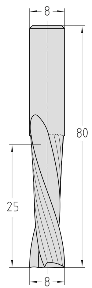Technische Maßzeichnung des zylindrischen JSO VHW Spiralnutfräsers (Ø 8 mm, Nutzlänge 25 mm, Gesamtlänge 80 mm) mit exakter Darstellung der zweischneidigen Linksdrall-Geometrie.