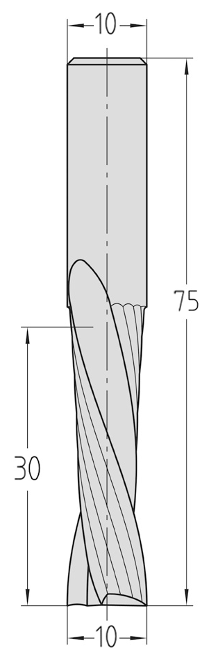 Technische Maßzeichnung des zylindrischen JSO VHW Spiralnutfräsers (Ø 10 mm, Nutzlänge 30 mm, Gesamtlänge 75 mm) mit exakter Darstellung der zweischneidigen Linksdrall-Geometrie.