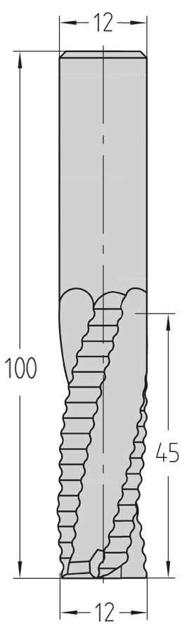 Technische Maßzeichnung des JSO VHW HW07 Schrupp-Schlichtwerkzeugs (12x45 mm, Gesamtlänge 100 mm) mit exakter Darstellung der kombinierten Z=3 Schneidengeometrie und Drallrichtung.