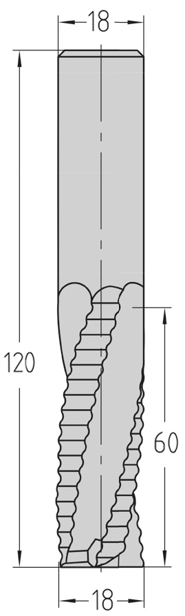 Technische Maßzeichnung des JSO VHW HW07 Schrupp-Schlichtfräsers (18x60 mm, Gesamtlänge 120 mm) mit präziser Ansicht der kombinierten Z=3 Schneidengeometrie und Drallrichtung.