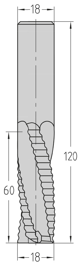 Technische Maßzeichnung des JSO VHW HW07 Linkslauf-Schrupp-Schlichtfräsers (18x60 mm, Gesamtlänge 120 mm) mit exakter Darstellung der kombinierten Z=3 Schneidengeometrie und der linkswendelnden Drallrichtung.