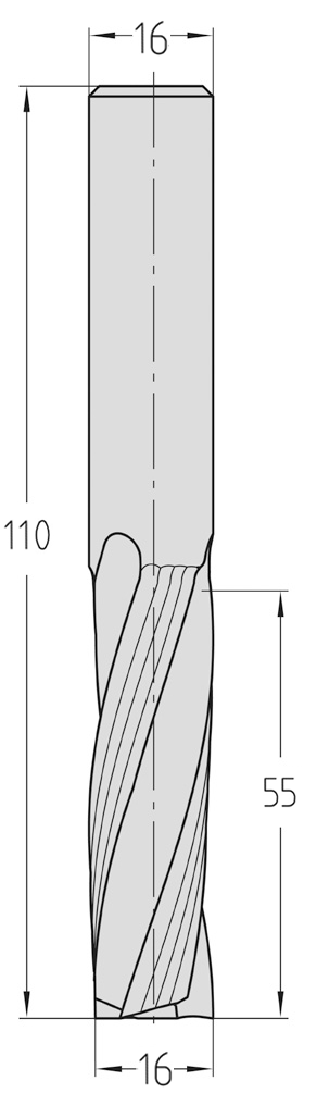 Technische Maßzeichnung des dreischneidigen JSO VHW Spiralnutfräsers (Ø 16 mm, große Nutzlänge 55 mm, Gesamtlänge 110 mm) mit exakter Darstellung der JSO-XD beschichteten Rechtsdrall-Schneidenzonen.