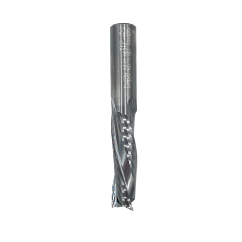 JSO CNC-Schlichtfräser aus massivem Vollhartmetall (VHW) mit dunkler JSO-XD Beschichtung, dreischneidiger Linksdrall-Geometrie (Z=3) für drückenden Schnitt, 12 mm Durchmesser, 42 mm Nutzlänge und zylindrischem 12 mm Schaft im Holzfräsershop.