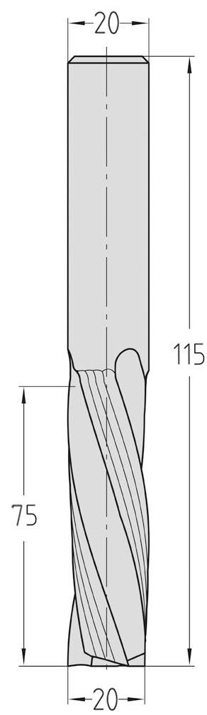 Technische Maßzeichnung des linksschneidenden JSO VHW Spiralnutfräsers (Ø 20 mm, große Nutzlänge 75 mm, Gesamtlänge 115 mm) mit exakter Darstellung der unbeschichteten Linksdrall-Schneidenprofile.