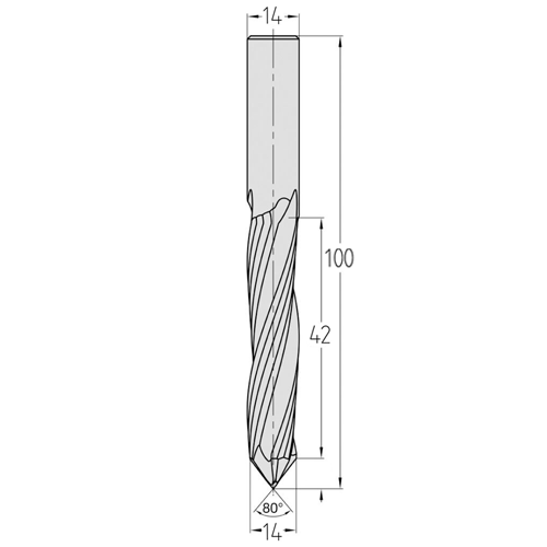 JSO CNC-Bohrfräser aus massivem Vollhartmetall (VHW) mit JSO XD-Beschichtung, zylindrischem 14 mm Schaft, zwei Schneiden (Z=2) und markantem 80 Grad Bohreranschliff an der Werkzeugstirn für Kunststoffe im Holzfräsershop.