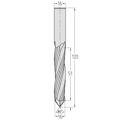 JSO CNC-Bohrfräser aus massivem Vollhartmetall (VHW) mit JSO XD-Beschichtung, zylindrischem 16 mm Schaft, zwei Schneiden (Z=2) und markantem 80 Grad Bohreranschliff an der Werkzeugstirn für Kunststoffe im Holzfräsershop.