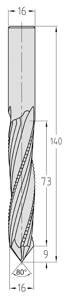 Technische Maßzeichnung des JSO VHW Bohr- und Schruppfräsers (16x73 mm, Gesamtlänge 140 mm) mit präziser Detaildarstellung des 80-Grad-Stirnanschliffs und der Z=2+1 Schneidengeometrie.