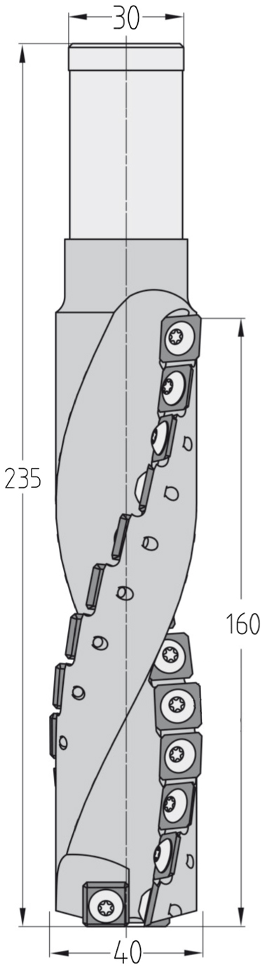 Technische Maßzeichnung des großen JSO HW Wendeplatten-Schaftfräsers (Durchmesser 40 mm, Nutzlänge 160 mm, Schaft 30 mm, Gesamtlänge 235 mm) mit detaillierter Darstellung der versetzten Messer-Sitze.