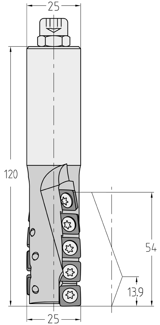 Technische Maßzeichnung des JSO FourCut Wendeplatten-Schruppwerkzeugs (25x54 mm, Gesamtlänge 120 mm) mit Detailansicht der quadratischen Plattenaufnahmen und des S25-Schafts.