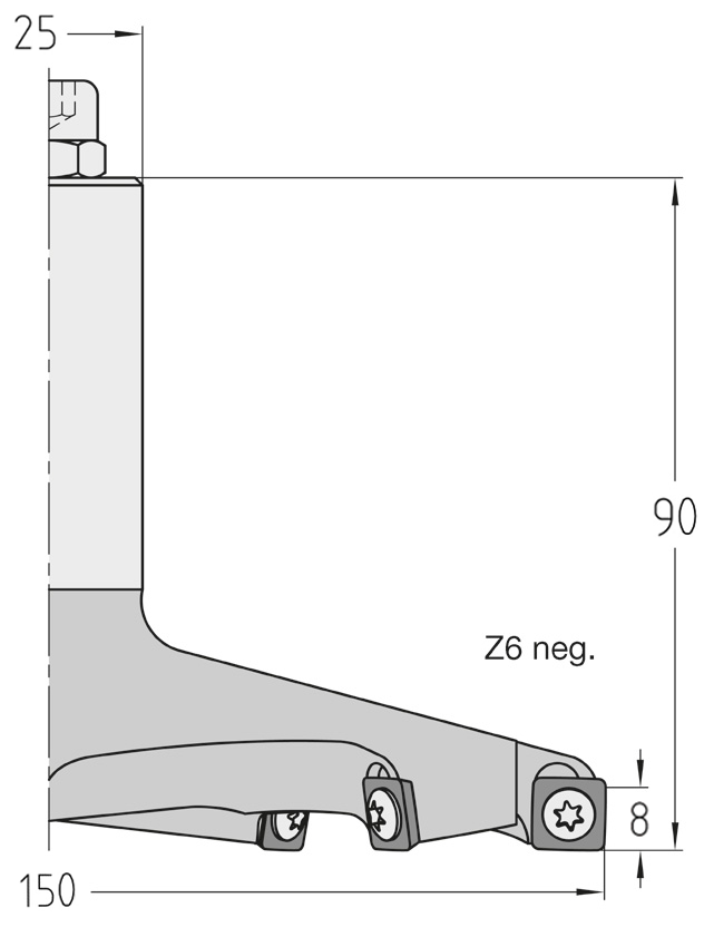 Technische Maßzeichnung des JSO 4Cut Wendeplatten-Planwerkzeugs (150x8 mm, Gesamtlänge 90 mm) mit präziser Darstellung der sechs Plattensitze, der Nutzlänge und des S25-Schafts.