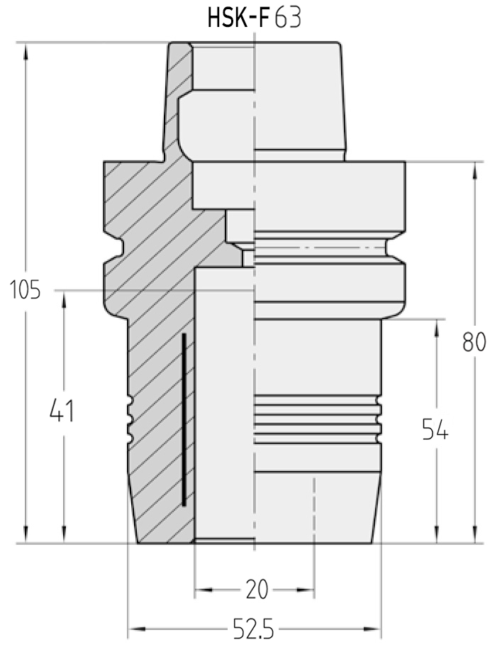 Technische Maßzeichnung des JSO Hydro-Dehnspannfutters mit HSK-F 63 Aufnahme, 20 mm Bohrung, Ø 52,5 mm und Gesamtlänge 80/105 mm im Holzfräsershop.