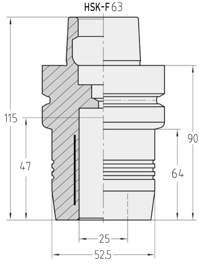Technische Maßzeichnung des JSO Hydro-Dehnspannfutters mit HSK-F 63 Aufnahme, 25 mm Bohrung, Ø 52,5 mm und Gesamtlänge 90/115 mm im Holzfräsershop.