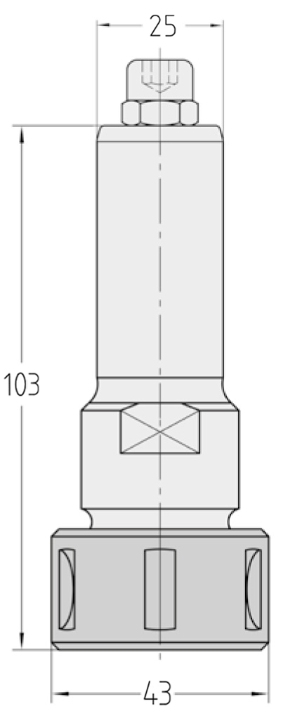 Technische Zeichnung des JSO Spannzangenfutters S 25, Ø 43 mm und GL 103 mm im Holzfräsershop.