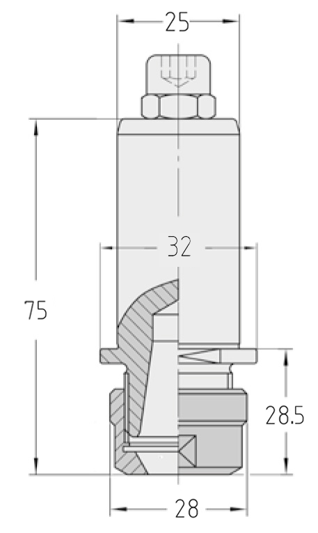 Technische Maßzeichnung des JSO BHX Spannzangenfutters S 25 mit Ø 28 mm und Gesamtlänge 75 mm im Holzfräsershop.
