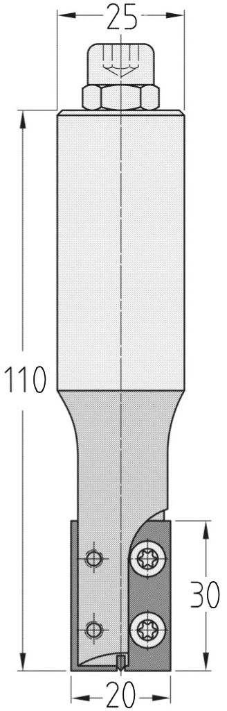 Technische Maßzeichnung des JSO CNC-Wendeplatten-Nutfräsers mit exakten Bemaßungen für Durchmesser 20 mm, Nutzlänge 30 mm, Schaft 25 mm und Gesamtlänge 110 mm.
