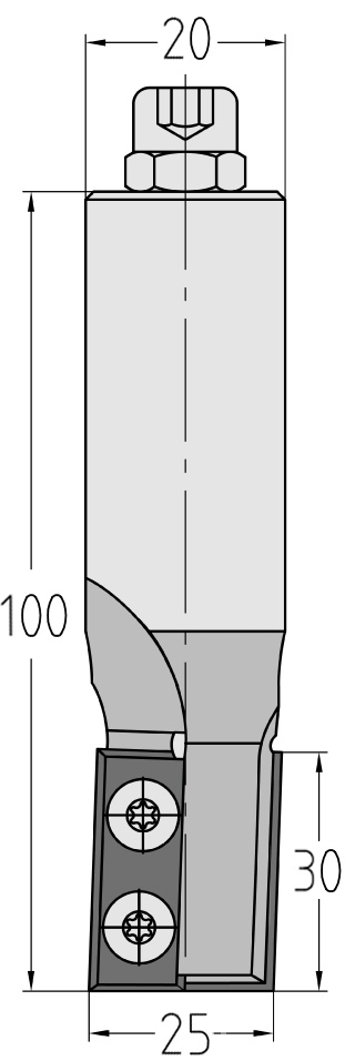 Technische Maßzeichnung des JSO CNC-Wendeplatten-Nutfräsers mit exakten Bemaßungen für Durchmesser 25 mm, Nutzlänge 30 mm, Schaft 20 mm und Gesamtlänge 100 mm.
