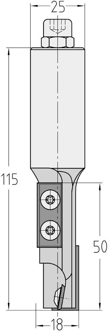 Technische Maßzeichnung des JSO CNC-Wendeplatten-Nutfräsers mit exakten Bemaßungen für Durchmesser 18 mm, verlängerte Nutzlänge 50 mm, Schaft 25 mm und Gesamtlänge 115 mm.