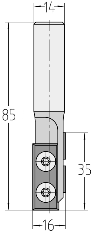 Technische Maßzeichnung des JSO CNC-Wendeplatten-Nutfräsers mit exakten Bemaßungen für Durchmesser 16 mm, Nutzlänge 35 mm, Schaft 14 mm und Gesamtlänge 85 mm.