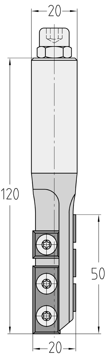 Technische Maßzeichnung des JSO CNC-Wendeplatten-Nutfräers mit exakten Bemaßungen für Durchmesser 20 mm, Nutzlänge 50 mm, Schaft 20 mm und Gesamtlänge 120 mm.