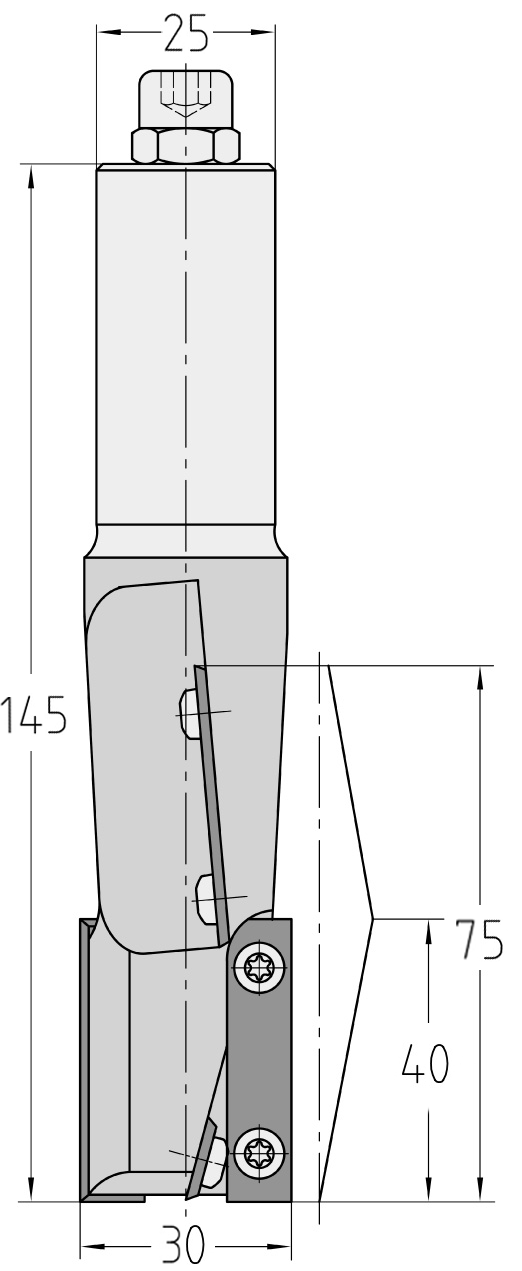 JSO CNC-Wendeplatten-Nutfräser HW mit extra großem Durchmesser von 30 mm, enormer 75 mm Nutzlänge, Hartmetall-Schneidplatten in zweischneidiger Ausführung (Z=2) und massivem 25 mm Schaft.