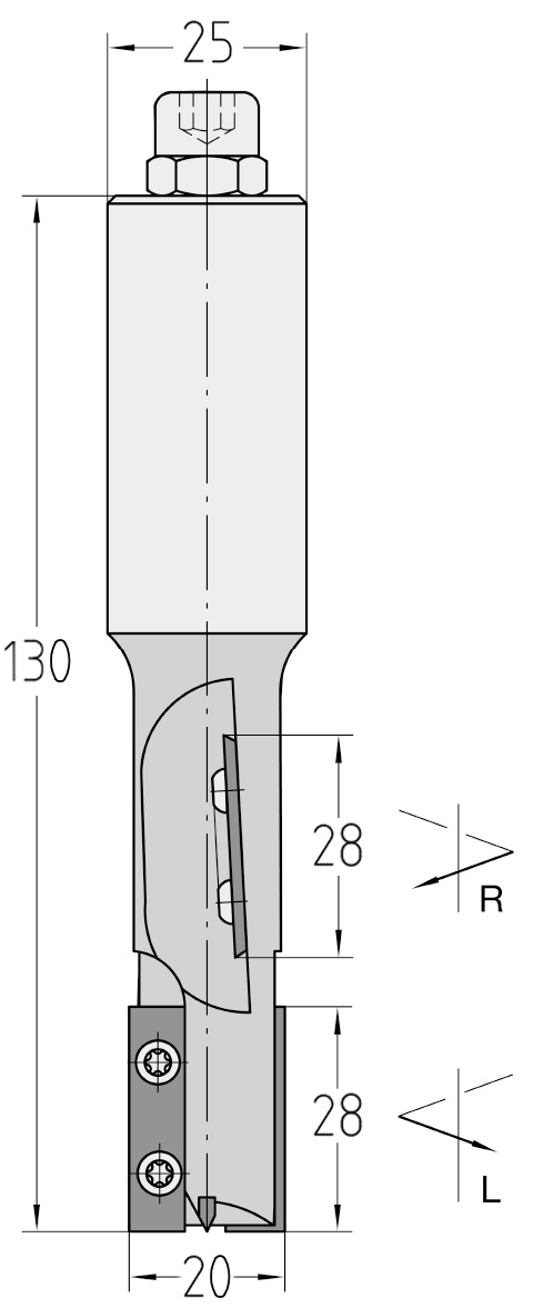 Maßstabgetreue technische Konstruktionszeichnung des JSO Wendeplatten-Nutfräsers mit präzisen Bemaßungen für 20 mm Durchmesser, 28 mm Nutzlänge, 25 mm Schaft und 130 mm Gesamtlänge.