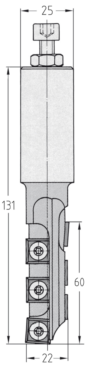 Technische Maßzeichnung des JSO Wendeplatten-Schruppwerkzeugs (22x60 mm, Gesamtlänge 131 mm) mit Darstellung der Messeraufteilung und des S25-Schafts.