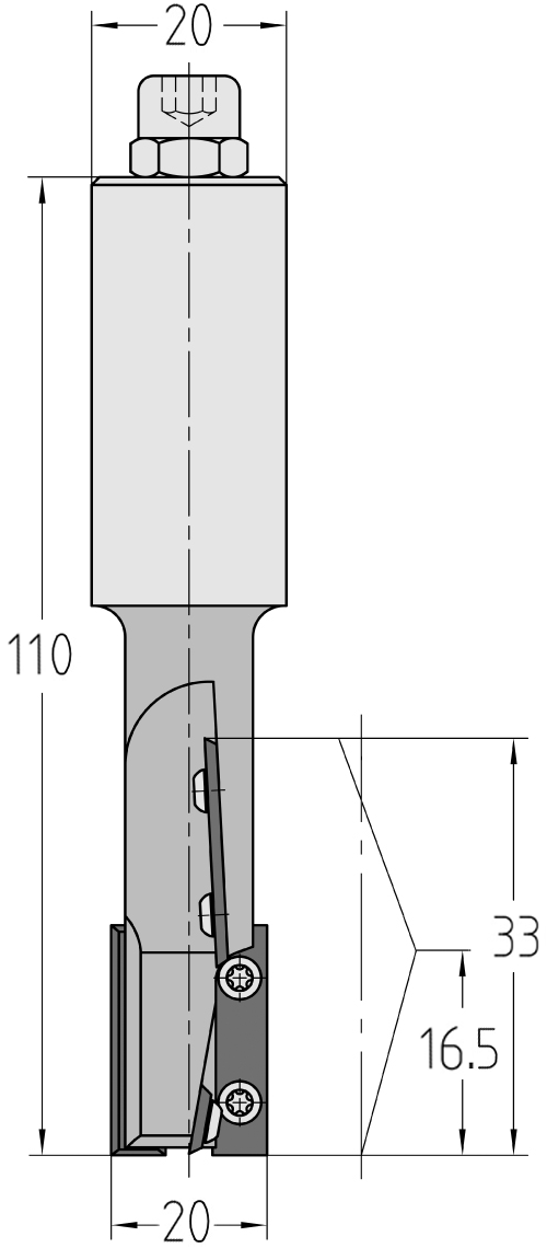 Maßstabgetreue technische Konstruktionszeichnung des JSO Wendeplatten-Nutfräsers mit präzisen Bemaßungen für 20 mm Durchmesser, 33 mm Nutzlänge, 25 mm Schaft und 110 mm Gesamtlänge.