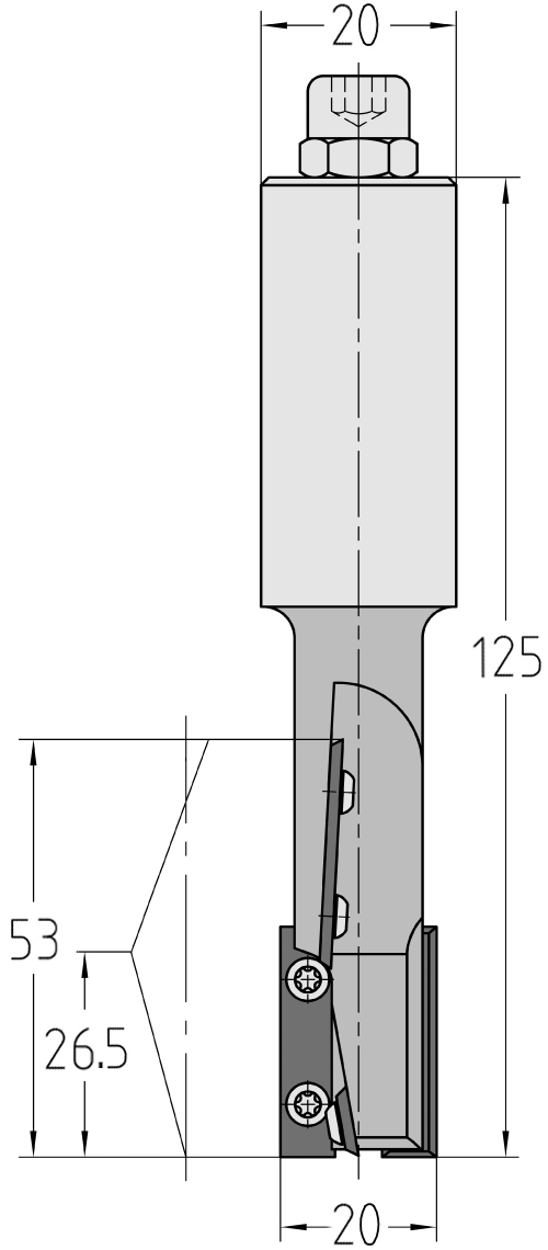 Maßstabgetreue technische Konstruktionszeichnung des linksdrehenden JSO Wendeplatten-Nutfräsers mit präzisen Bemaßungen für 20 mm Durchmesser, extralange 53 mm Nutzlänge, 20 mm Schaft und 125 mm Gesamtlänge.