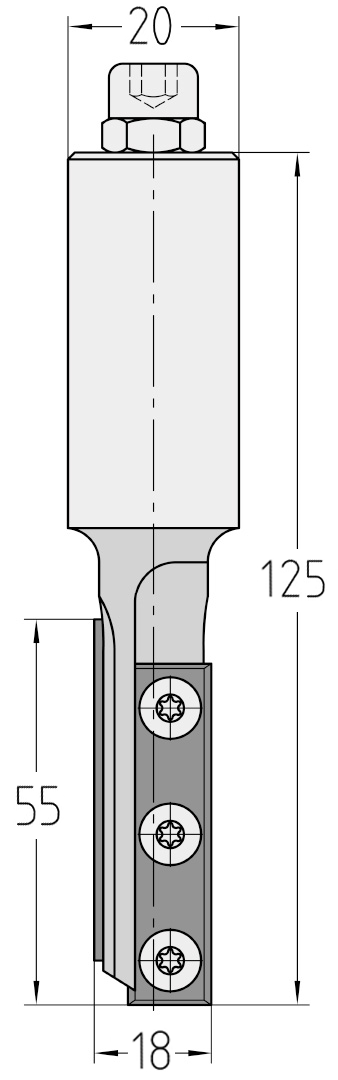 Technische Maßzeichnung des linksdrehenden JSO CNC-Wendeplatten-Nutfräsers mit exakten Bemaßungen für Durchmesser 18 mm, extralange Nutzlänge 55 mm, Schaft 20 mm und Gesamtlänge 125 mm.