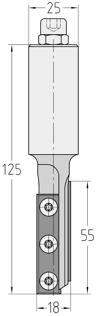 Technische Maßzeichnung des JSO CNC-Wendeplatten-Nutfräsers mit exakten Bemaßungen für Durchmesser 18 mm, extralange Nutzlänge 55 mm, Schaft 25 mm und Gesamtlänge 125 mm.