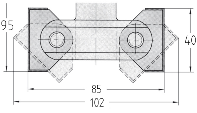 Technische Maßzeichnung des JSO HW Schwenkmesserkopfes mit Darstellung des Schwenkbereichs, Kennzeichnung von Grund-Ø 85 mm, Maximal-Ø 102 mm, Nutzlänge 40 mm, Schaft 25 mm und Gesamtlänge 95 mm.