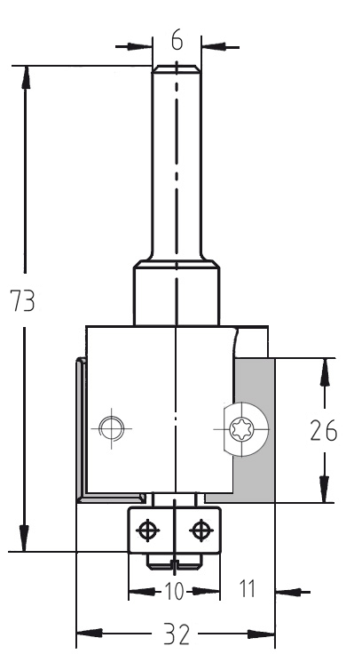 Technische Maßzeichnung JSO WP-Falzfräser Ø 32 mm, Nutzlänge 26 mm, T 11 mm, Schaft 6 mm.