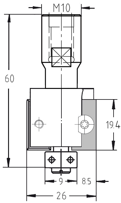 Technische Maßzeichnung des JSO WP-Falzfräsers Ø 26 mm, Nutzlänge 19,4 mm, T 8,5 mm, Aufnahme M10.