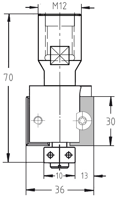 Technische Maßzeichnung JSO WP-Falzfräser Ø 36 mm, Nutzlänge 30 mm, T 13 mm, Aufnahme M12 IG.
