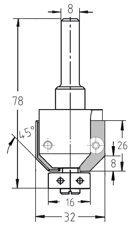 Maßzeichnung Wendeplatten-Fasefräser 45°: Durchmesser 32 mm, Nutzlänge 8 mm, Anlauflager-Durchmesser 16 mm, Schaft 8 mm.