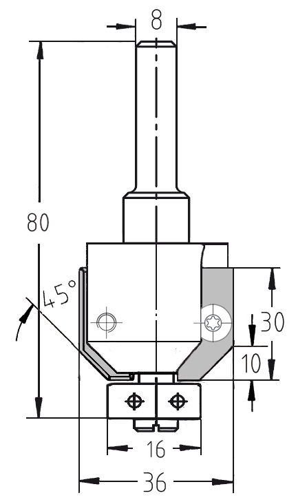 Maßzeichnung Wendeplatten-Fasefräser 45°: Durchmesser 36 mm, Nutzlänge 10 mm, Anlauflager-Durchmesser 16 mm, Schaft 8 mm.