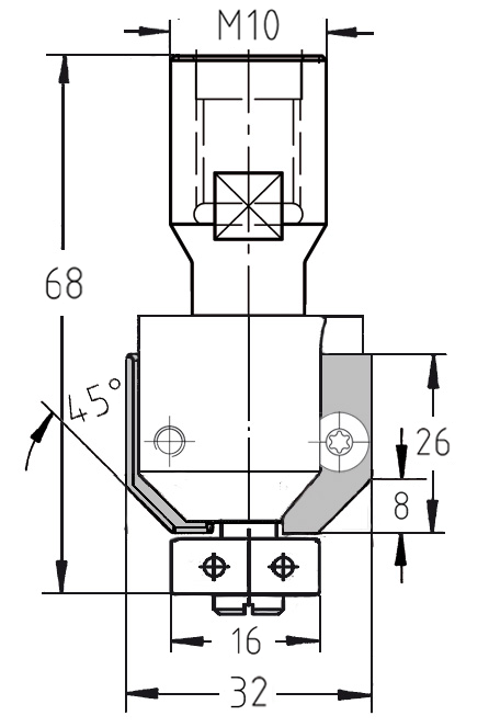 Maßzeichnung Wendeplatten-Fasefräser 45°: Durchmesser 32 mm, Nutzlänge 8 mm, Anlauflager-Durchmesser 16 mm, Anschluss M10.