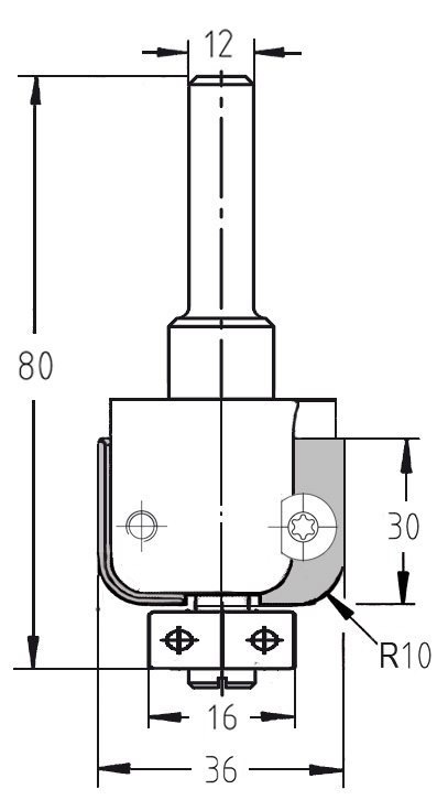 Maßzeichnung des JSO (Unitec) Wendeplatten-Halbhohlkehlfräsers: Radius 10 mm, Durchmesser 36 mm, Schaft 12 mm.