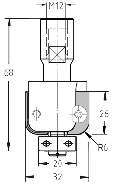 Maßzeichnung des JSO (Unitec) Wendeplatten-Halbhohlkehlfräsers mit Radius 6 mm, Durchmesser 32 mm und M12-Gewindeanschluss.