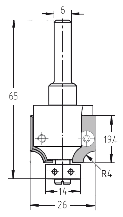 Technische Maßzeichnung des Wechselplattenfräsers: R 4 mm, Durchmesser 26 mm, 6 mm Schaftaufnahme und 14 mm Kugellager.