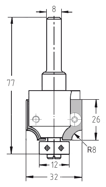 Technische Maßzeichnung des Wechselplattenfräsers: R 8 mm, Durchmesser 32 mm, 8 mm Schaftaufnahme und 12 mm Kugellager.