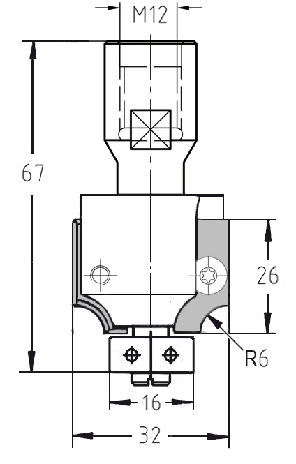 Technische Maßzeichnung des Wechselplattenfräsers: R 6 mm, M12-Gewindeanschluss, Durchmesser 32 mm und 16 mm Kugellager.