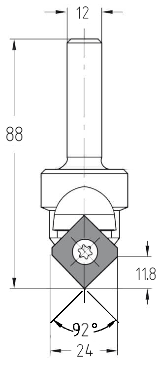 Technische Maßzeichnung des JSO Wendeplatten-Ziernutfräsers mit Details zu Durchmesser (24 mm), Nutzlänge (11,3 mm) und Winkel.