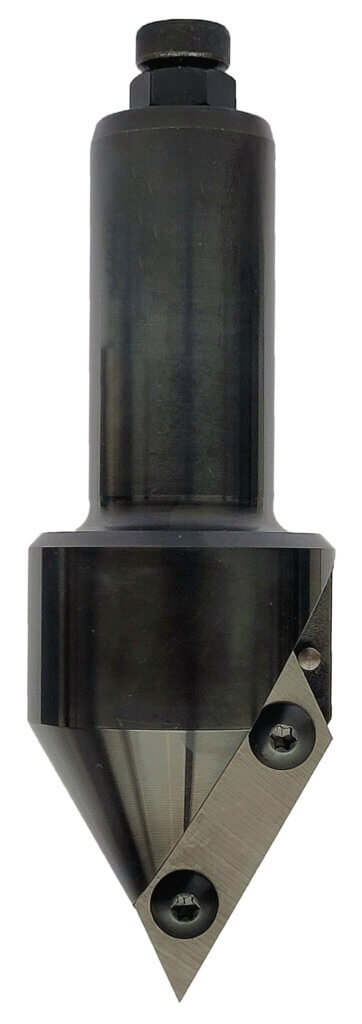 JSO CNC-Folding- und Fasefräser mit mechanisch geklemmtem, vollständig spitz zulaufendem Hartmetall-Wendemesser (HW), 60°-Gesamtwinkel, einschneidiger Z=1 Geometrie und robustem 20 mm Schaft inklusive M8-Einstellschraube.