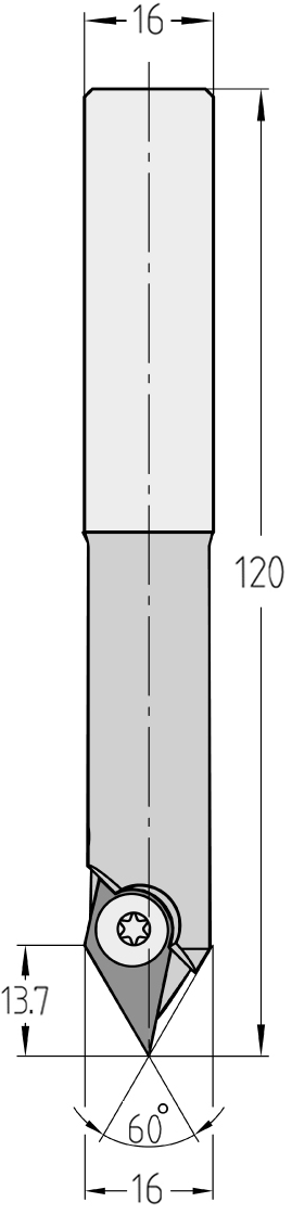 Technische Maßzeichnung des JSO Wendeplatten-Gravier- und Eckenfräsers (60°, 16x13,7 mm, Gesamtlänge 120 mm) mit exakter Darstellung der Wendeplatten-Zentrumsspitze, der Schnittlänge und des S16-Schafts.