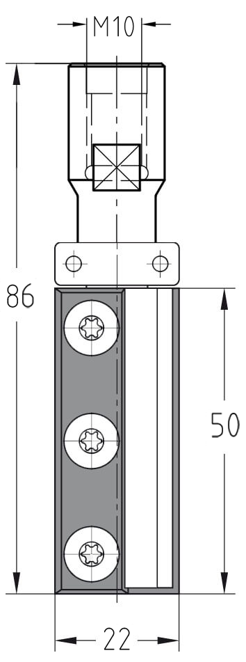 Technische Zeichnung JSO Wendeplatten-Bündigfräser Ø 22mm NL 50mm M10 GL 86mm – Maße für stationäre Schablonenfräser